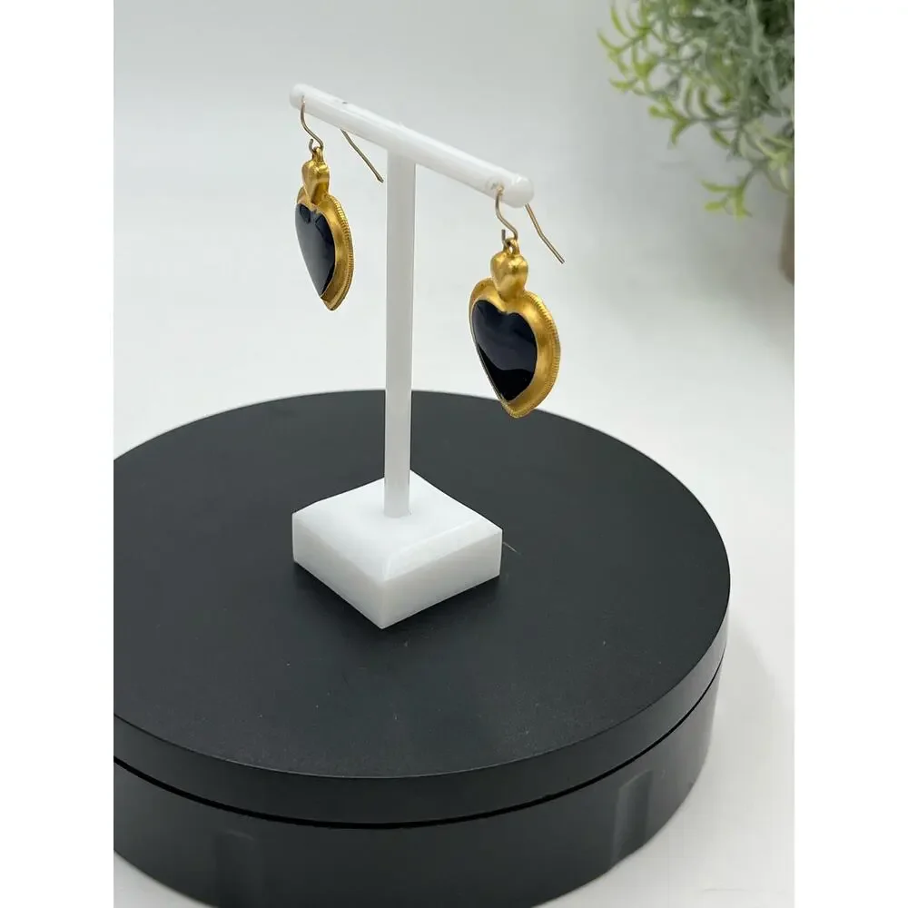 Vintage Gold Tone‎ and Black Enamel Heart Dangle Drop Earrings